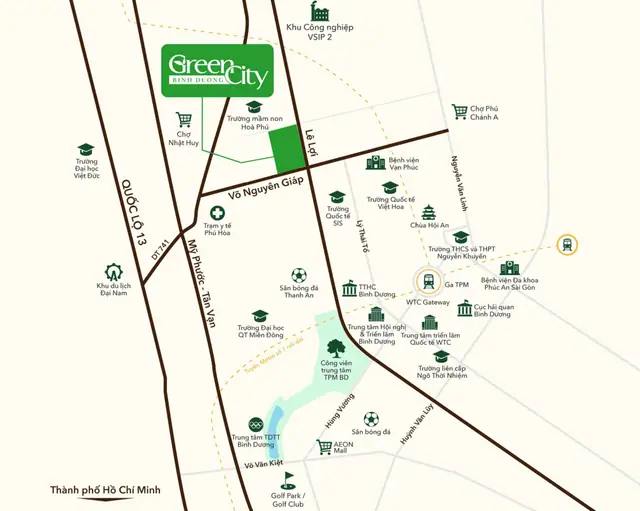 Bản đồ vị trí khu nhà ở Green City Bình Dương, Ga TPM và tuyến Metro số 1 nối dài dự kiến tại Thành phố mới Bình Dương